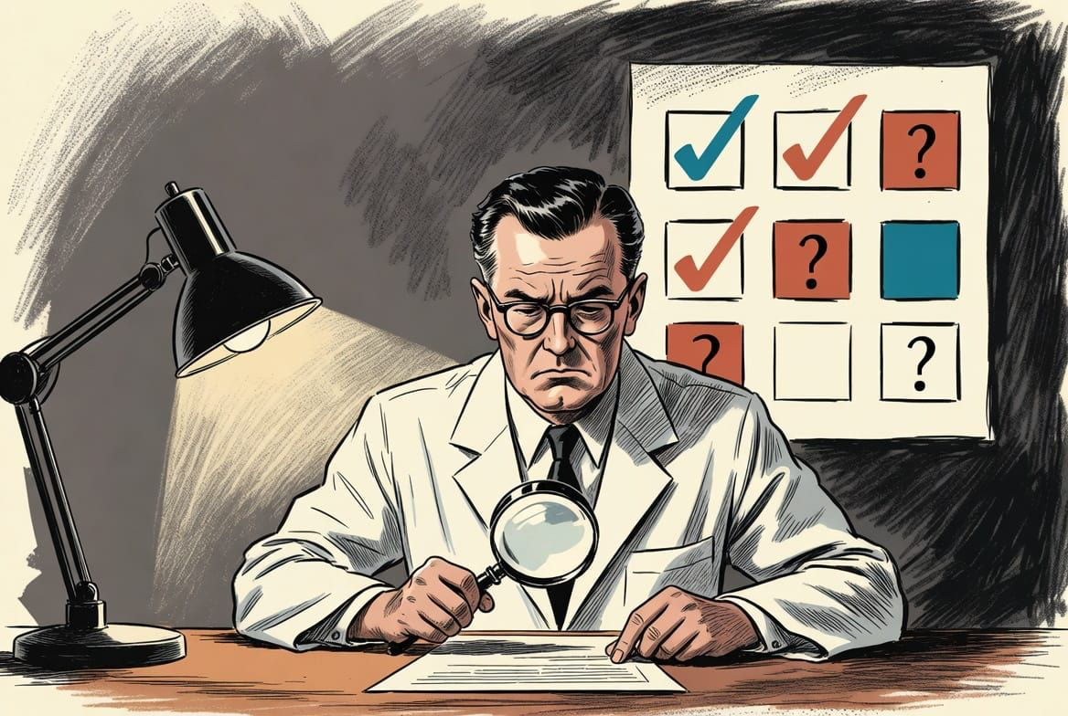 Lead illustration for Association or Causation: a mid-century researcher under a desk lamp studying a page with a magnifying glass, a grid of checks and question marks behind him