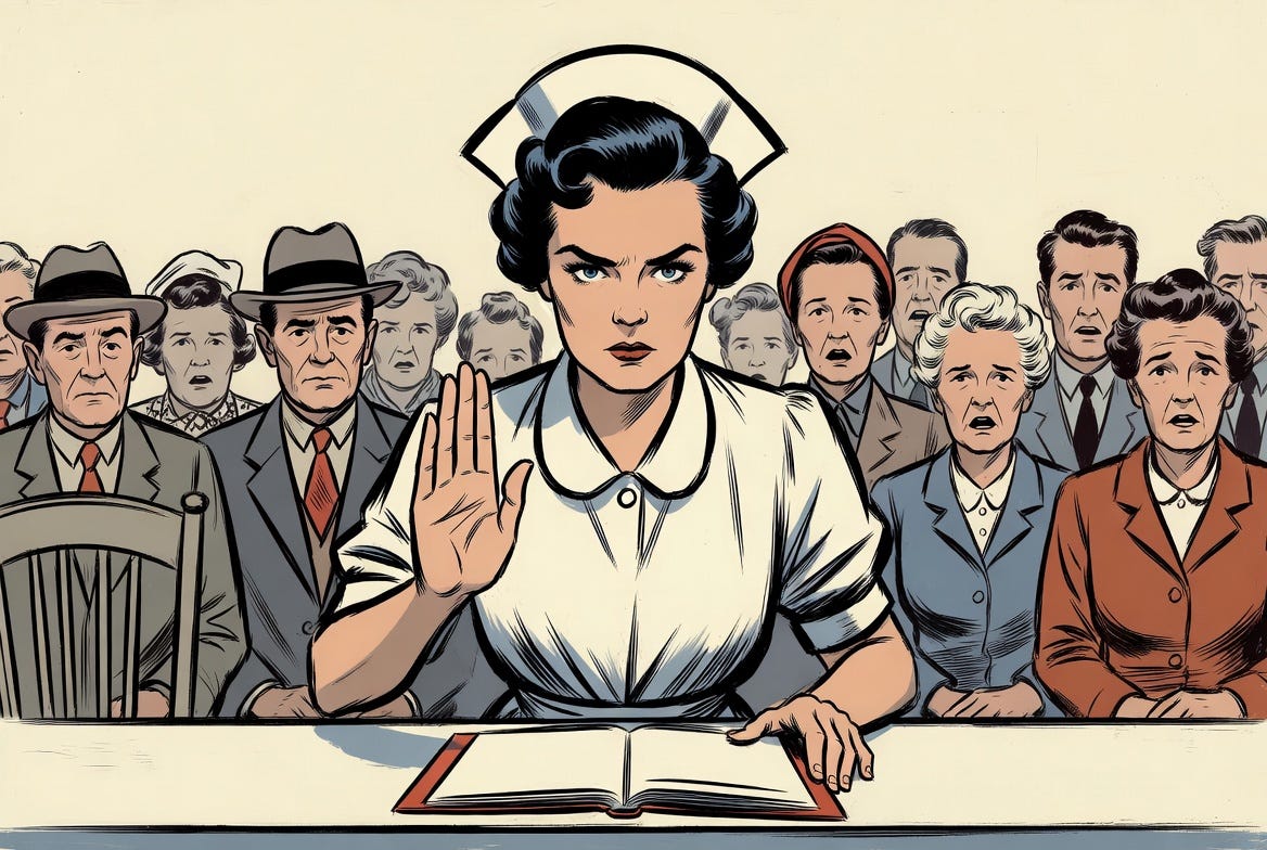 Lead illustration for The Folk Version of HIPAA: a hospital front desk invoking patient privacy